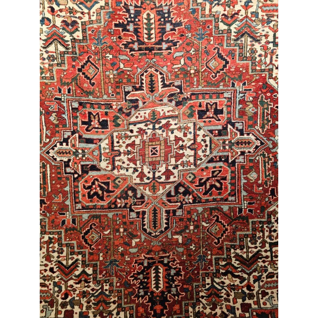 Vintage Persian Heriz Rug, Hand-Knotted Wool, Geometric Medallion Pattern, Red & Navy, 9x11 For Sale - Image 12 of 17