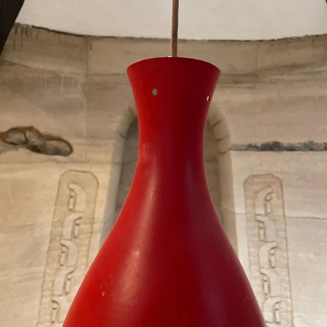 Mid-Century Modern 1950s Stilnovo Red Perforated Cone Italian Pendant Lamp Italy For Sale - Image 3 of 9