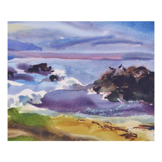 Dramatic and vibrant coastal watercolor painting by California artist Les (Leslie Luverne) Anderson (American, 1928-2009)....