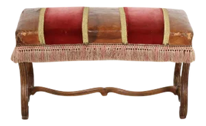 19th Century Spanish Backless Leather and Velvet Louis XIV Style Bench