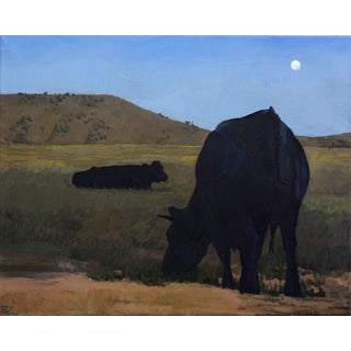 Fields at Twilight by Emma Kalff | Oil on canvas Cows grazing in a twilight landscape with hills. For Sale