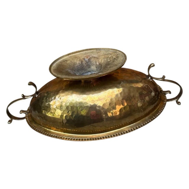 Metal Vintage Hammered Brass Double Handled Pedestal Centerpiece Bowl - 17” For Sale - Image 7 of 8