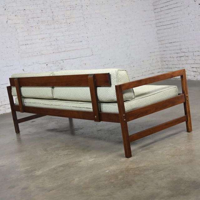 Wood Mid-20th Century MCM Daybed Sofa Walnut Frame With Arms & Gray-Blue Upholstery & Stram Springs For Sale - Image 7 of 12