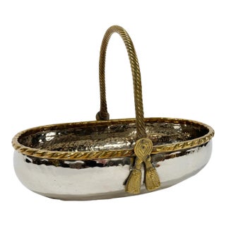 Vintage Heavy Hammered Silver Bowl With Brass Rope Handle For Sale