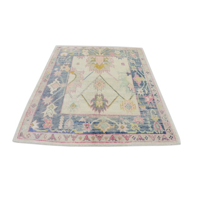 Early 21st Century Blue & Pink Handwoven Wool Turkish Oushak Rug 5'7" X 6'5" For Sale - Image 9 of 9
