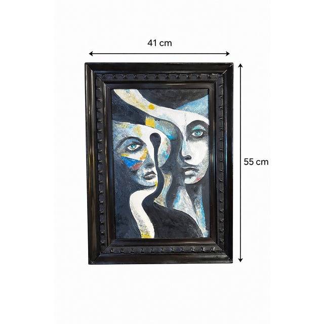 A striking hand painted abstract portrait artwork depicting two intertwined faces in a bold modern expressionist style....