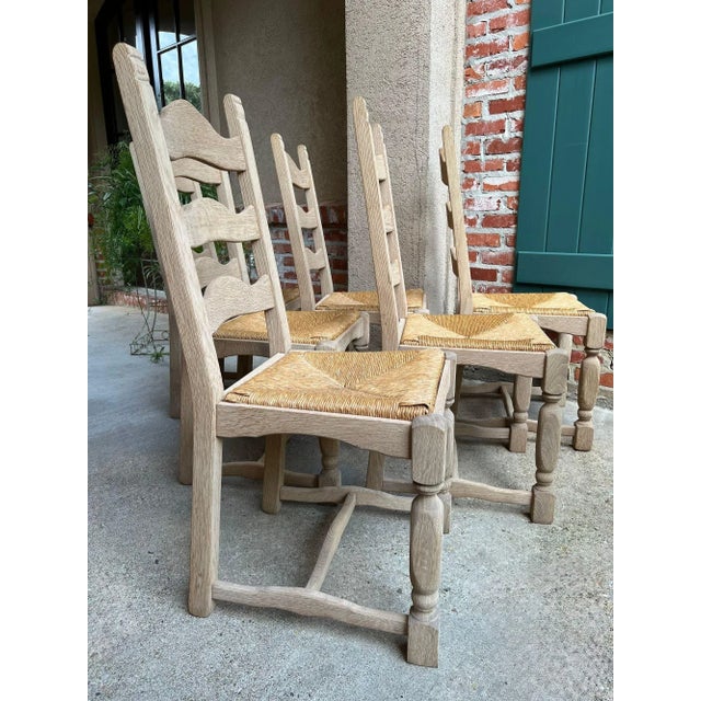 Brown Set 6 Vintage French Ladder Back Dining Chairs Rush Seat Bleached Oak Farmhouse For Sale - Image 8 of 18