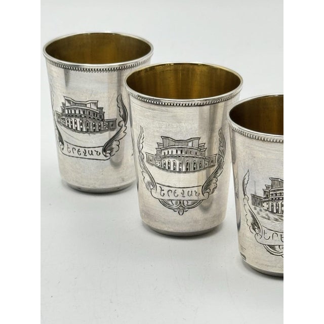 1950s Rare 5 Soviet Armenian 875 Silver Vodka Cups 875 Star Russian Hallmark 875 Silver Purity Yerevan Opera 1955 Gilt For Sale - Image 4 of 8