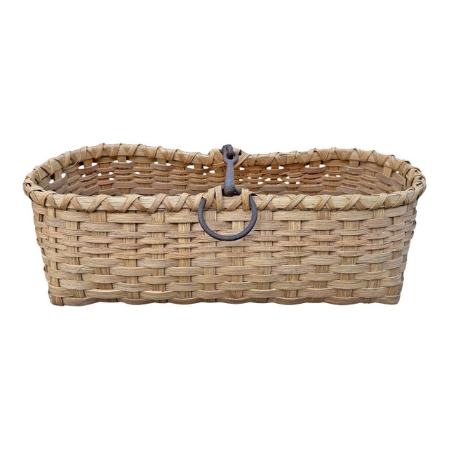 Hand-Woven Oak Splint Basket With Horse Bit Handle by Elizabeth Worley For Sale