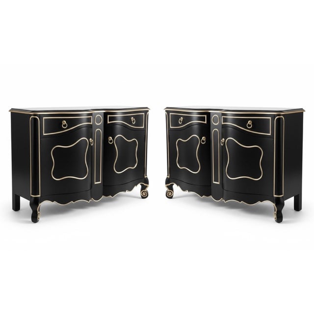 Black Late 20th-C. Modern French Louis XV Style Cabinet Black & Silver Gilt, Pair Available For Sale - Image 8 of 13