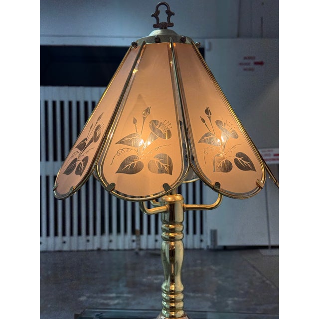 Brass Vintage Marco Polo Floral Etched Glass Table Lamp For Sale - Image 8 of 12