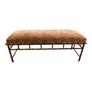 1970s Faux Bamboo Wood Bench With Clarence House Upholstery For Sale