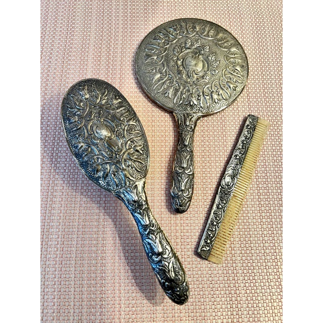 Vintage Silver-Plate Vanity Set With Comb, Brush and Mirror - 3 Piece Set For Sale - Image 13 of 13