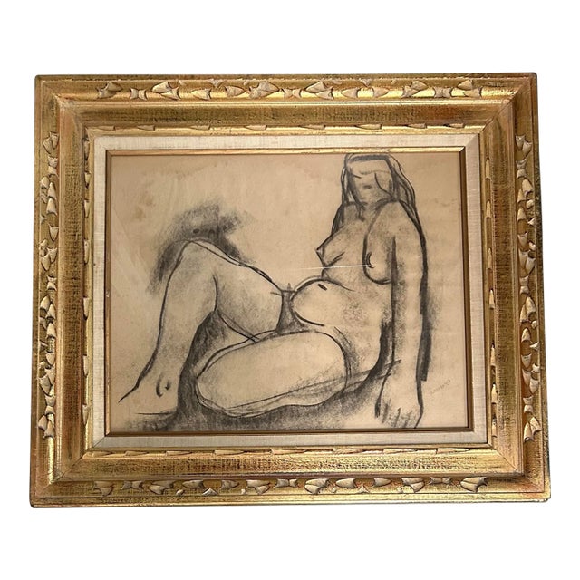 1940’s Original Art Deco Modernist Female Nude Charcoal Drawing For Sale