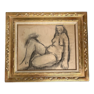 1940’s Original Art Deco Modernist Female Nude Charcoal Drawing