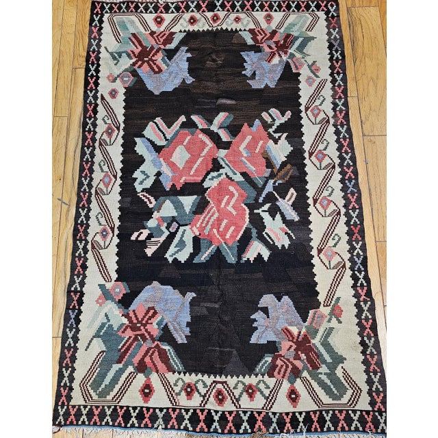Vintage Caucasian Karabagh Kilim, Flat-Woven Wool, Floral Bouquet Pattern, Dark Brown & Ivory, 5x8 For Sale - Image 9 of 17