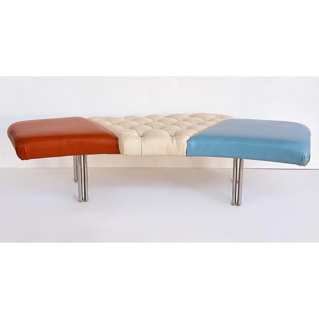 Metal 1980s Giorgio Saporiti Design, Il Loft Tufted Leather Bench, Multi-Color Chrome Legs For Sale - Image 7 of 13