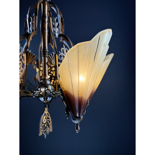 1930s Mid-West Mfg. Soleure Series Art Deco 5-Light Slip Shade Chandelier in Cast Bronze For Sale - Image 6 of 14