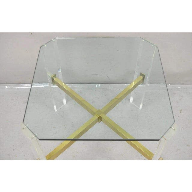 Vintage Mid Century Modern Lucite & Glass Brass Stretcher Occasional Side Table For Sale - Image 11 of 12