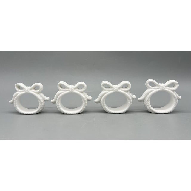 White Vintage White Ceramic Bow Napkin Rings — Coastal / Traditional / Hollywood Regency - Set of 4 For Sale - Image 8 of 9