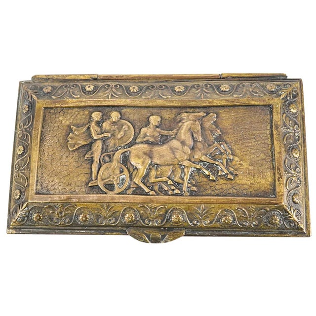 Early 19th Century Antique Greek Revival Brass Jewelry Box, Velvet Lined With Classical Relief Panels For Sale - Image 4 of 6