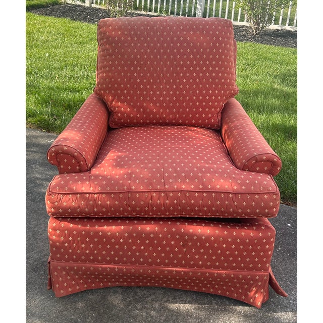 Vintage (1990's) Lounge Chair has a Traditional Style. Made by Henredon Furniture. Red Patterned Fabric - Fleur-de-lis...