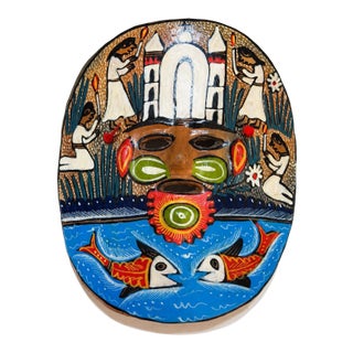 Vintage Mexican Hand-Painted Terracotta Folk Art Mask With Fish For Sale