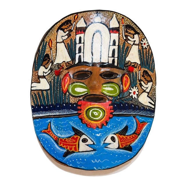 Vintage Mexican Hand-Painted Terracotta Folk Art Mask With Fish For Sale
