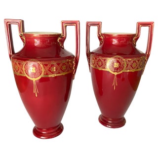 Red Cobalt Urns Vase with Ceramic Handles and Gilted Decorations, Set of 2 For Sale