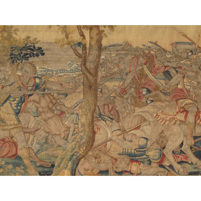 17th Century Fine Brussels Tapestry, Silk Wool, Green, Blue, Red, Battle Scene For Sale - Image 9 of 18