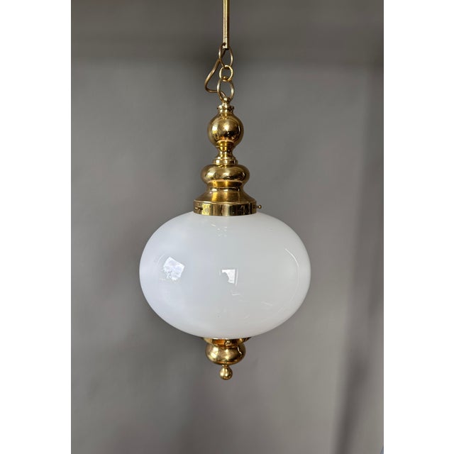1970s Vintage Pendant Lamp with Opal Glass Globe and Brass Details, 1970s For Sale - Image 5 of 8