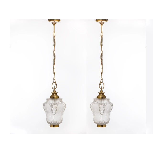 1950s French Rococo Brass Chain Pendant Lights, Acid-Etched Pressed Crystal Shades - A Pair For Sale - Image 12 of 12
