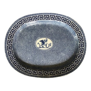 Antique 19th Century English Regency Pearlware Blue & White Transferware Platter With Sphinx and Greek Key Decoration For Sale