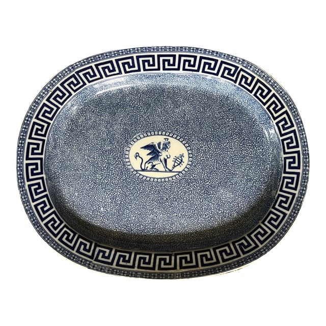 Antique 19th Century English Regency Pearlware Blue & White Transferware Platter With Sphinx and Greek Key Decoration For Sale