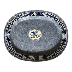 Antique 19th Century English Regency Pearlware Blue & White Transferware Platter With Sphinx and Greek Key Decoration