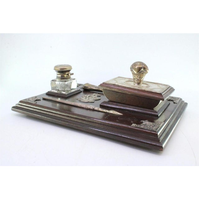 Wooden Inkwell with Silver Applications, Pen, Ink Tank, Blotter and Seal For Sale - Image 4 of 9