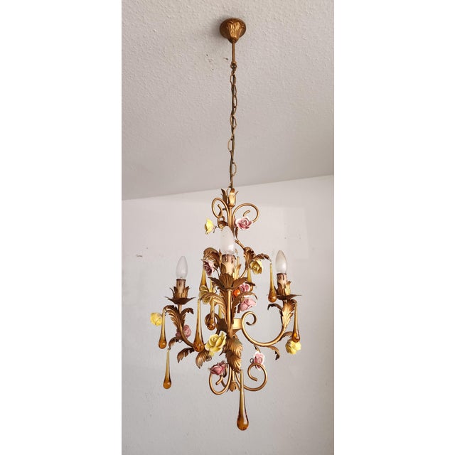 Vintage Venetian Three-Light Chandelier with Murano Glass Drops, 1960s For Sale - Image 16 of 18