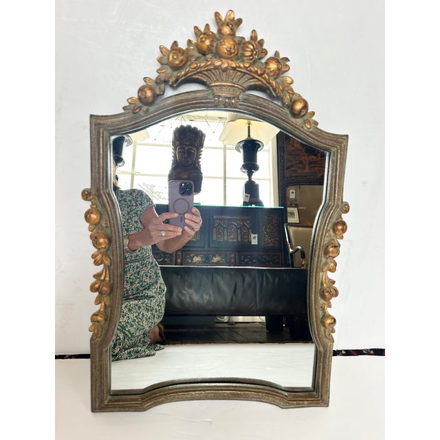Carved Wood Celadon Green & Gilded Mirror With Fruit For Sale - Image 4 of 7