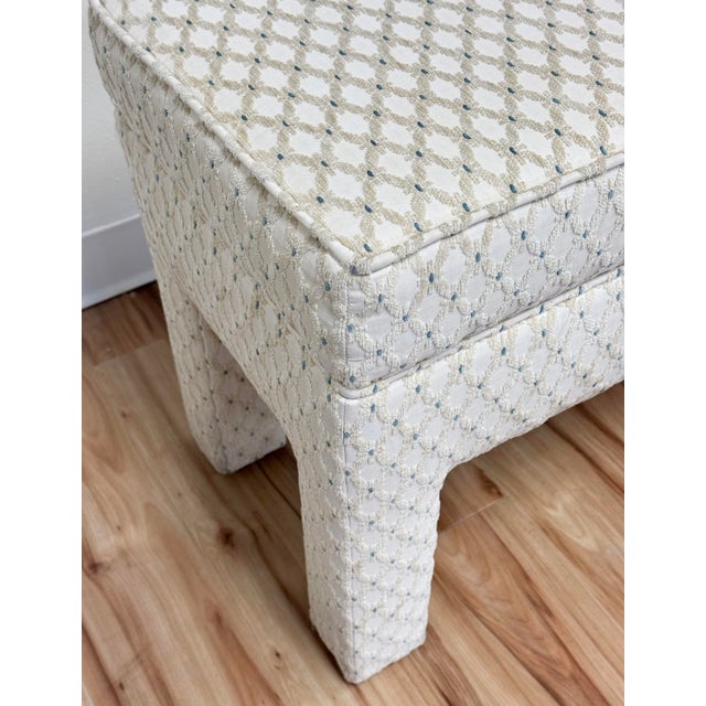Ivory Vintage Trellis Lattice Pattern Upholstery Parsons Bench For Sale - Image 8 of 9