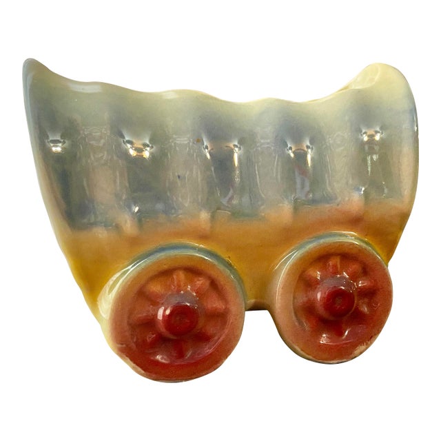 Retro Cowboy Chuckwagon Western Cactus Pot 1930-40s Shawnee Prarie Schooner Cachepot Planter For Sale