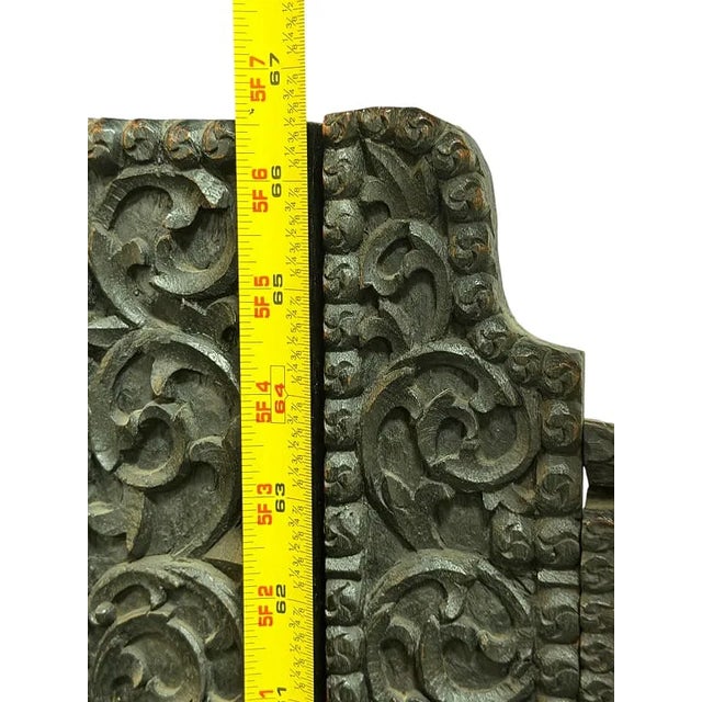 Textile 1900s Heavily Carved Anglo Indian 3 Panel Screen Room Divider. For Sale - Image 7 of 10
