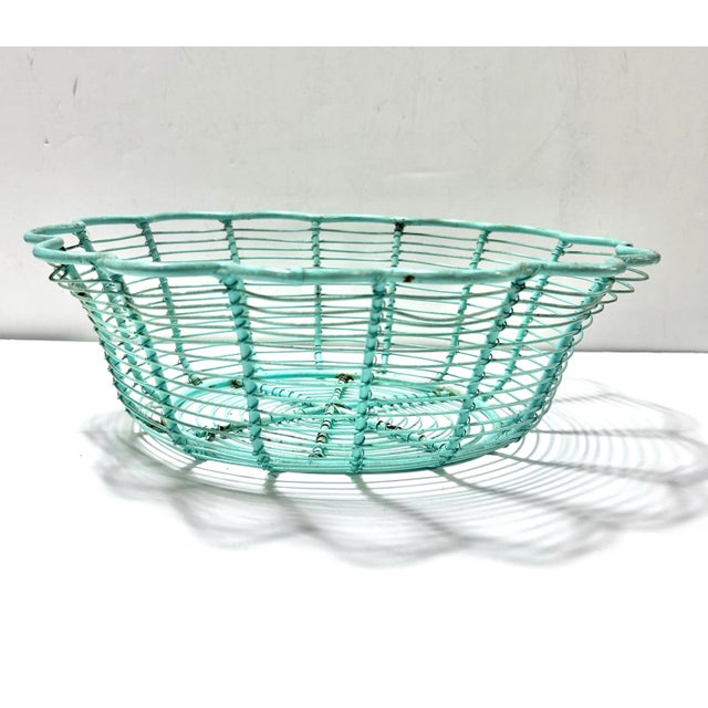Farmhouse Vintage Turquoise Scalloped Wire Fruit Basket For Sale - Image 3 of 8
