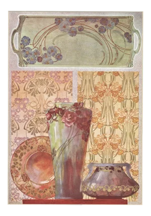 Matted 1900 Art Nouveau Design Chromolithograph- Decorative Objects