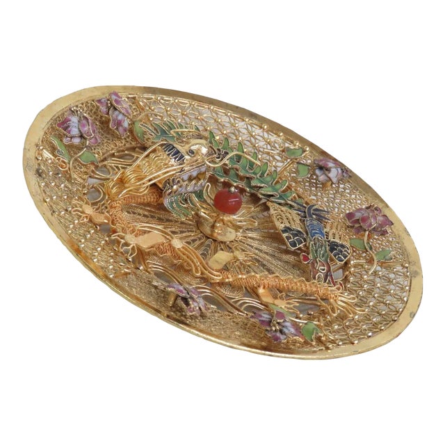 Chinese Gold Filigree Gilt Enamel Dragon Phoenix 3d Decorative Plate For Sale