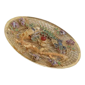 Chinese Gold Filigree Gilt Enamel Dragon Phoenix 3d Decorative Plate