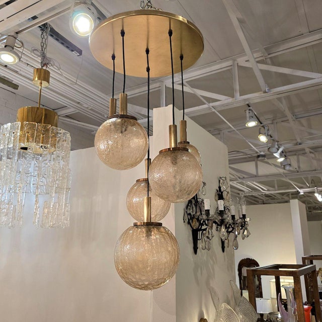 Mid-Century Modern 1970s Murano Glass and Brass Flush Mount Chandelier For Sale - Image 3 of 11