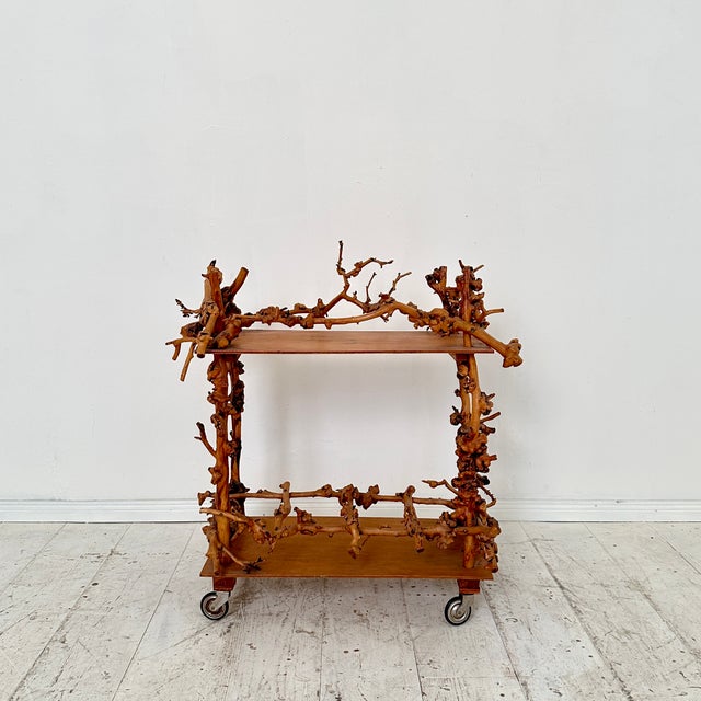 Mid-Century Bar Cart in Brown Burl, Plywood and Root Wood, 1960s For Sale - Image 13 of 14