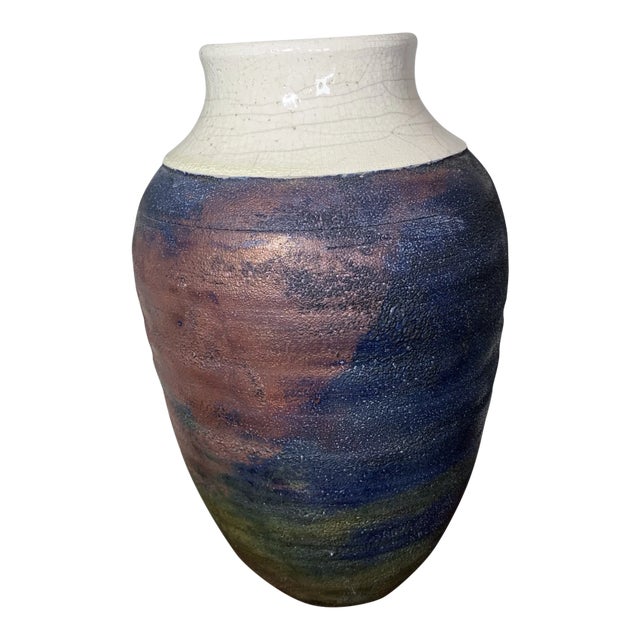1990’s Vintage Studio Metallic Blue Glaze Ceramic Vase, Signed For Sale