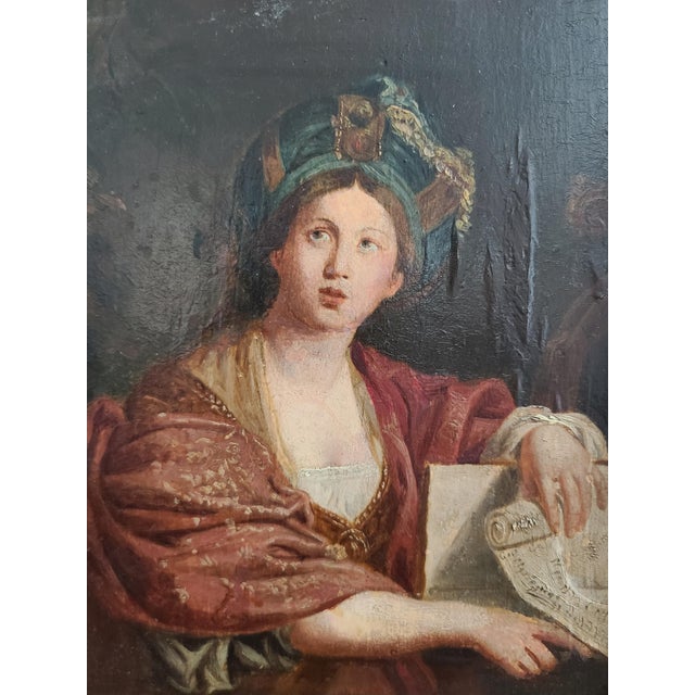 Small antique portrait of The Cumaean Sibyl after Domenichino (1581-1641). Hand-painted oil on wood panel. Unsigned. Set...