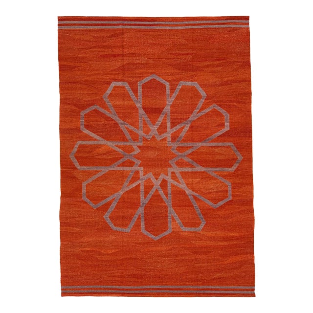 2020s Modern Kilim Handmade Rust Geometric Wool Rug For Sale
